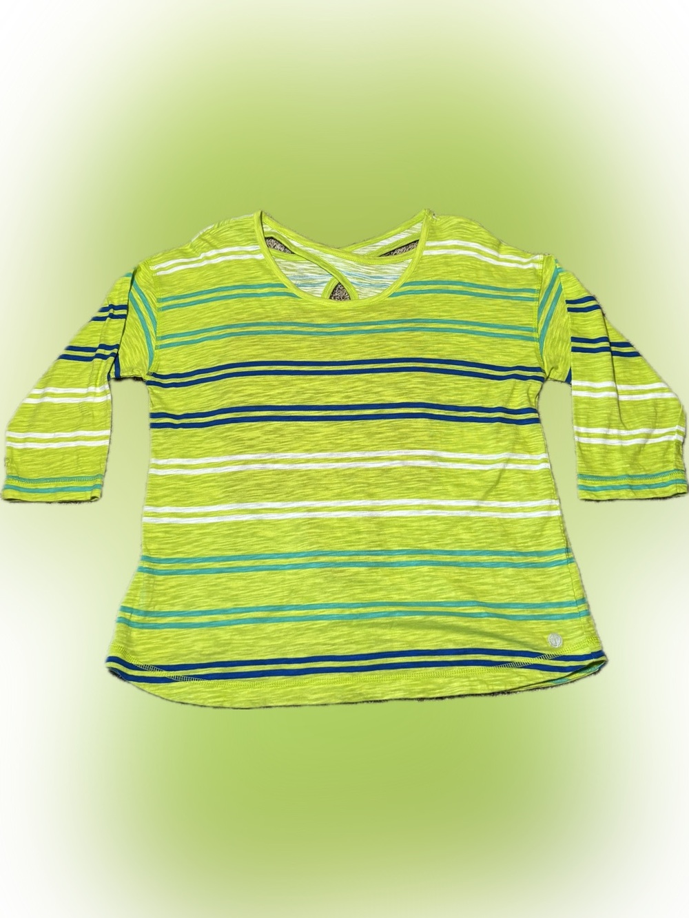 232. T by Talbots Lime Green and Aqua Striped Top, Size LP